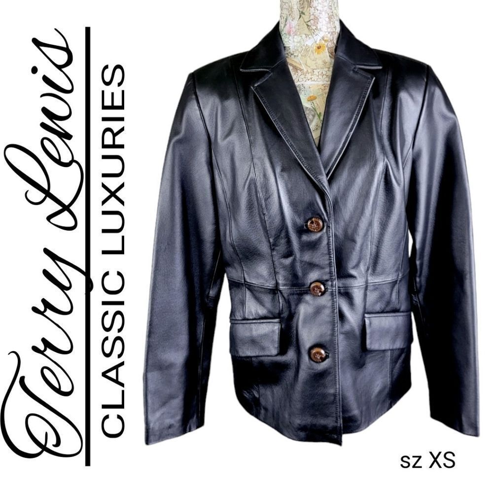 Terry Lewis Classic Luxuries Stunning Black Leather Coat Jacket EXCELLENT